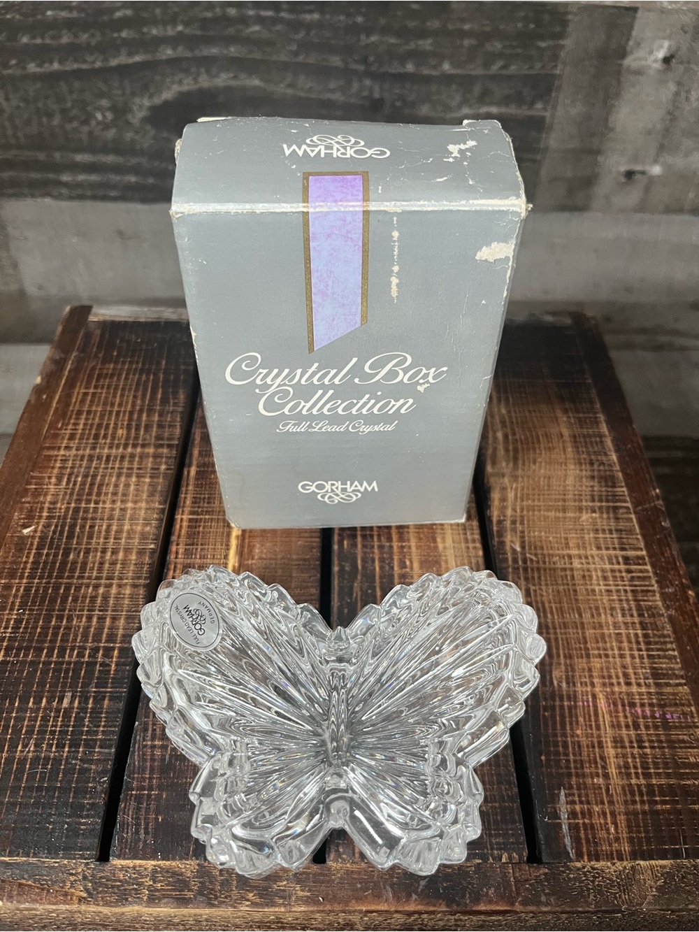 NEW IN BOX Vintage Gorham Lead Crystal Glass Butterfly Trinket Box Dish with Lid